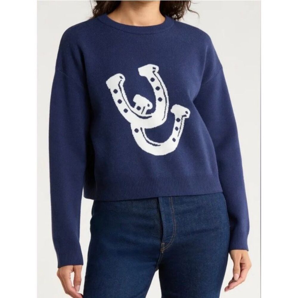 VIGOSS Horseshoe Graphic Cropped Sweater Navy Blue Size XL
